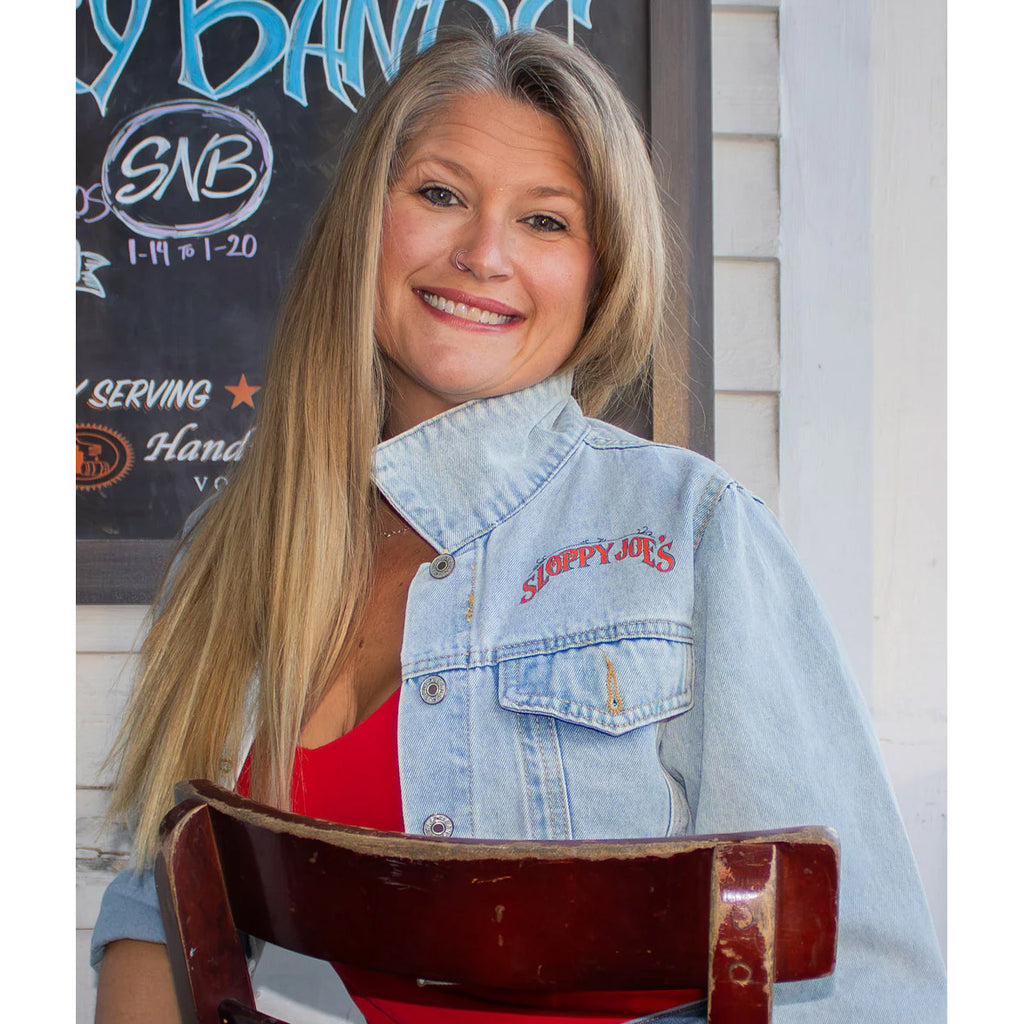 Sloppy Rita cropped jean jacket front view, Sloppy Joe's Bar Key West ladies denim jacket
