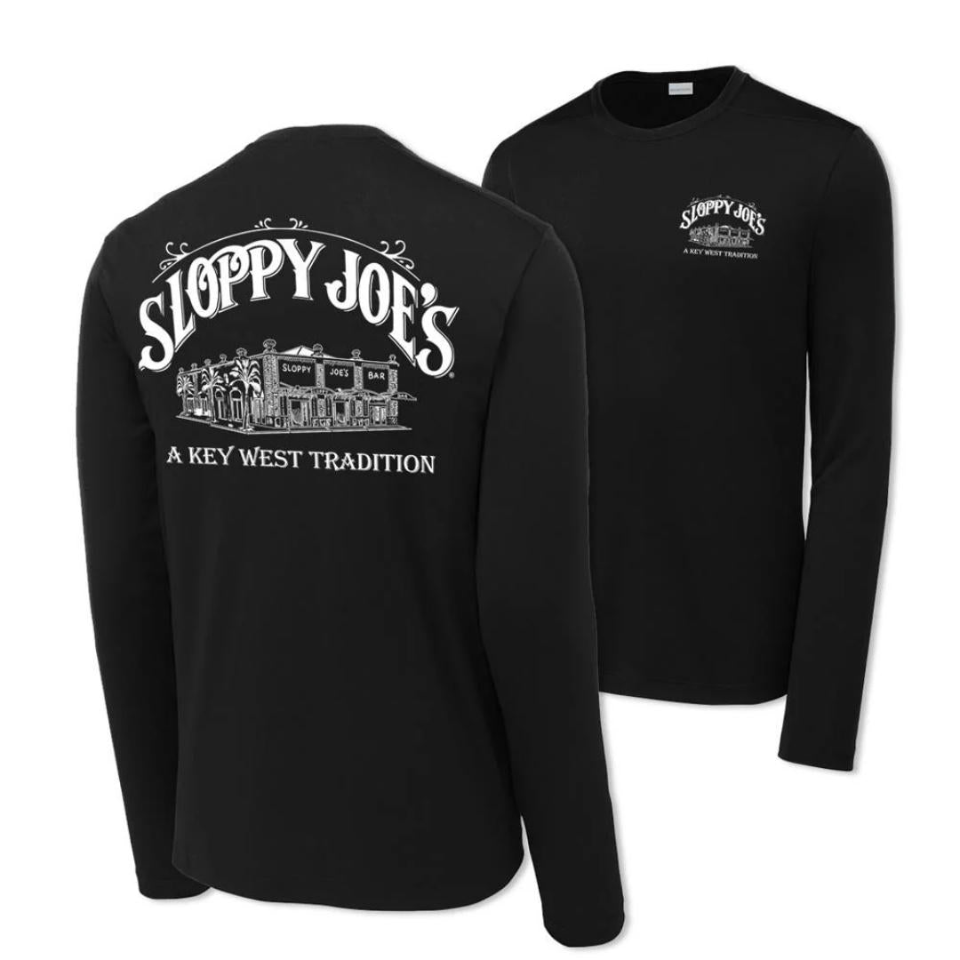 Sport Tek UV long sleeve black back view, Sloppy Joe's Bar Key West sun protection shirt