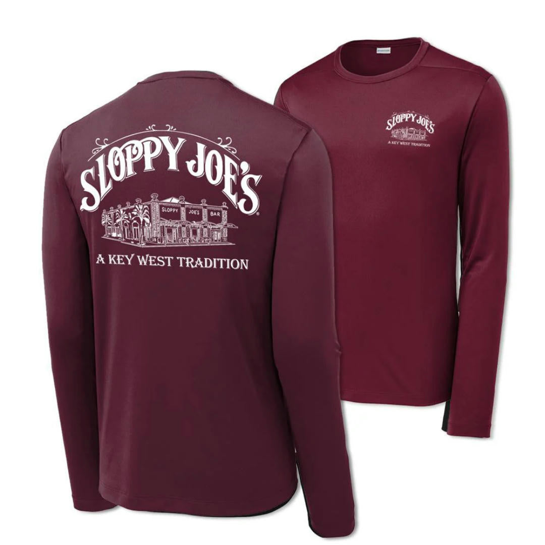 Sport Tek UV long sleeve cardinal back view, Sloppy Joe's Bar Key West sun protection shirt
