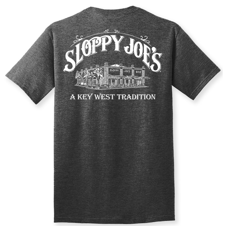 Men's TALL bar logo t-shirt in heather charcoal, Sloppy Joe's Key West — 50/50 blend in extended tall sizing