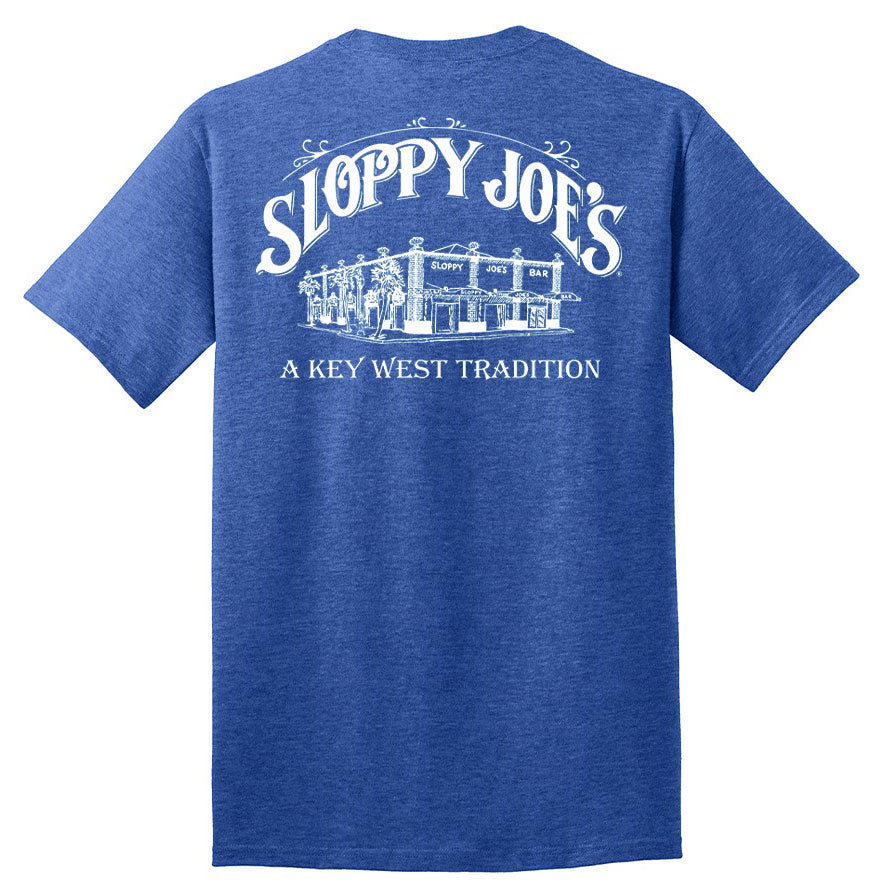 Men's TALL bar logo t-shirt in heather royal, Sloppy Joe's Key West — extended tall sizing with bold bar logo front and back