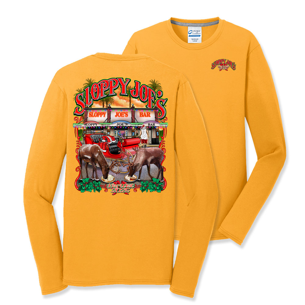 Unisex 2025 holiday gold long-sleeve t-shirt, Sloppy Joe's Bar reindeer design