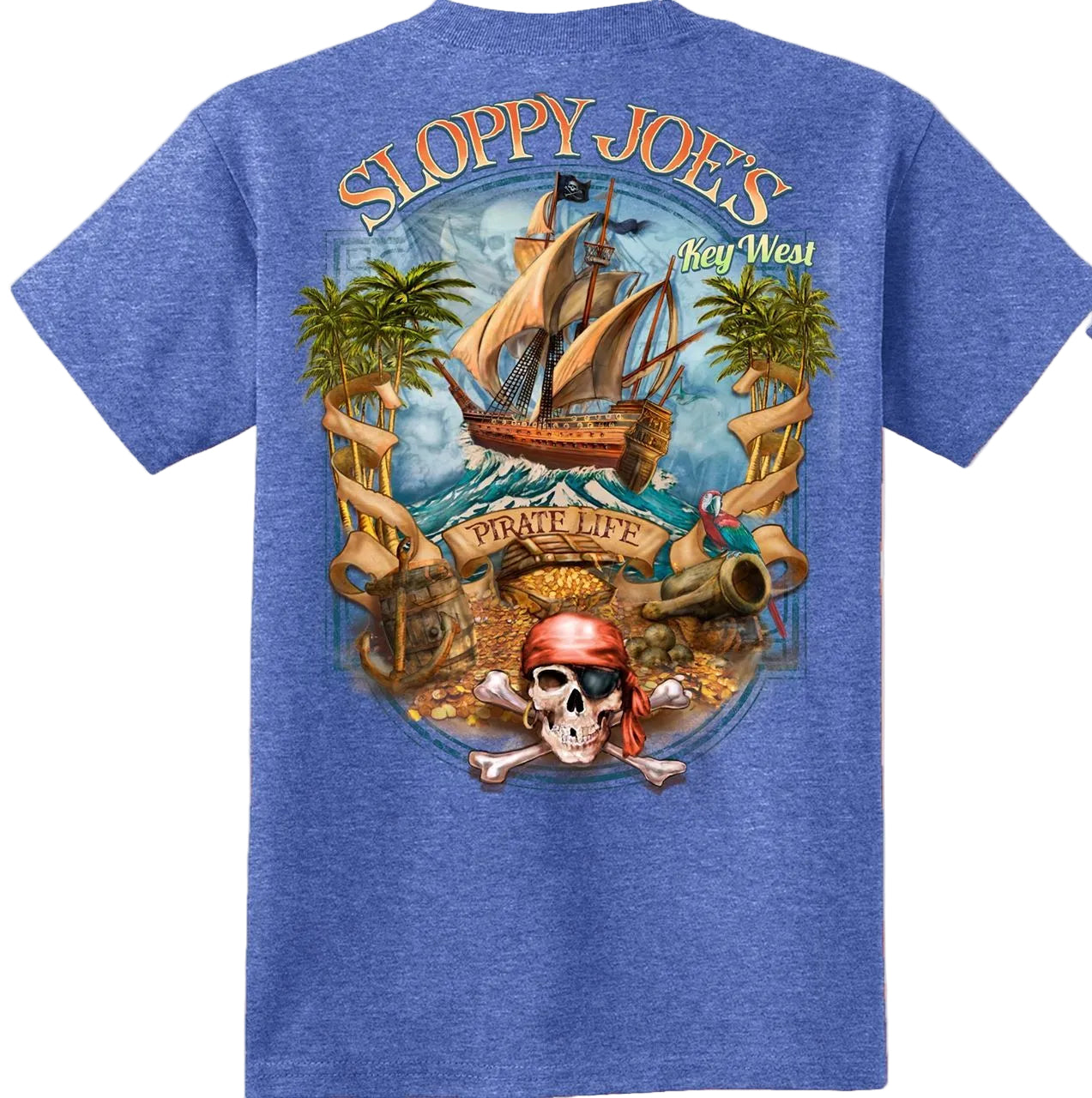 Royal blue kids Sloppy Joe's Pirate Island tee with Key West pirate ship back graphic